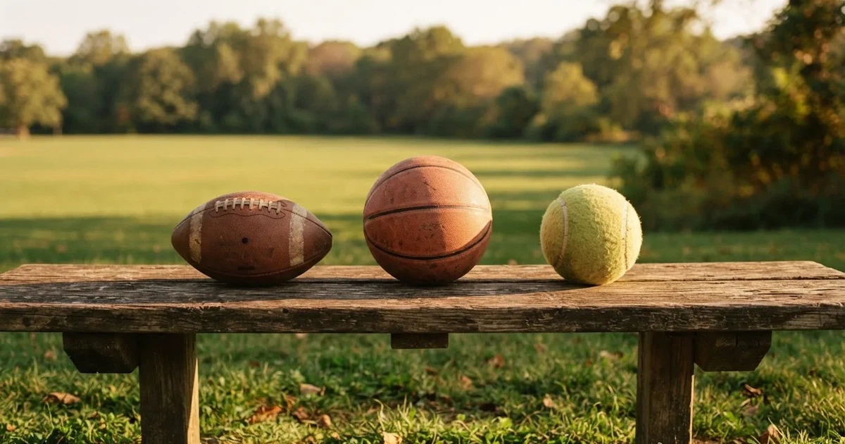 Drie ballen van verschillende soorten naast elkaar op een houten bank