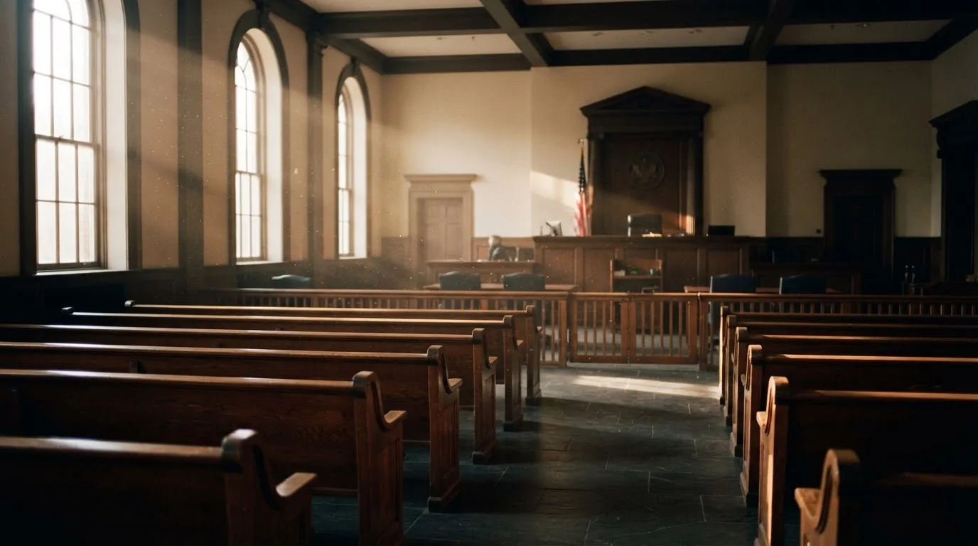 Een lege rechtszaal met houten banken in het ochtendlicht