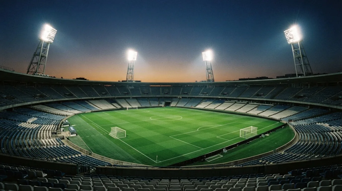 Een leeg voetbalstadion met lichtmasten bij schemering