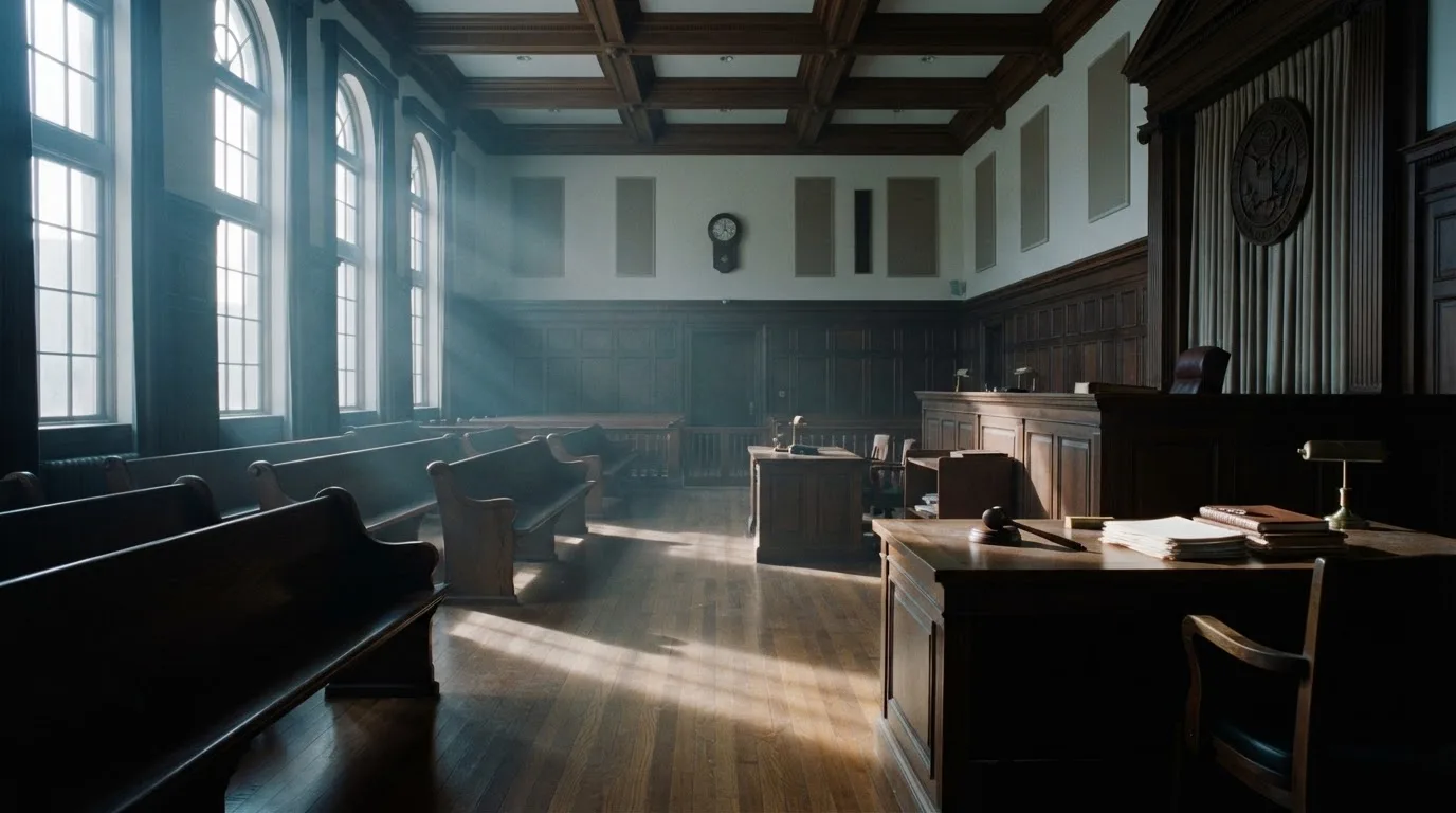Een lege rechtszaal met houten banken in het ochtendlicht