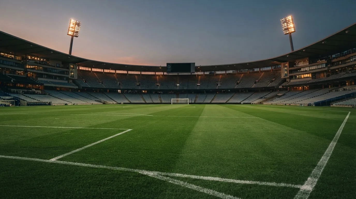 Een leeg voetbalstadion met lichtmasten bij schemering