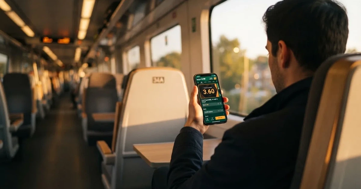 Een hand houdt een smartphone vast in de trein, het scherm van de camera afgewend