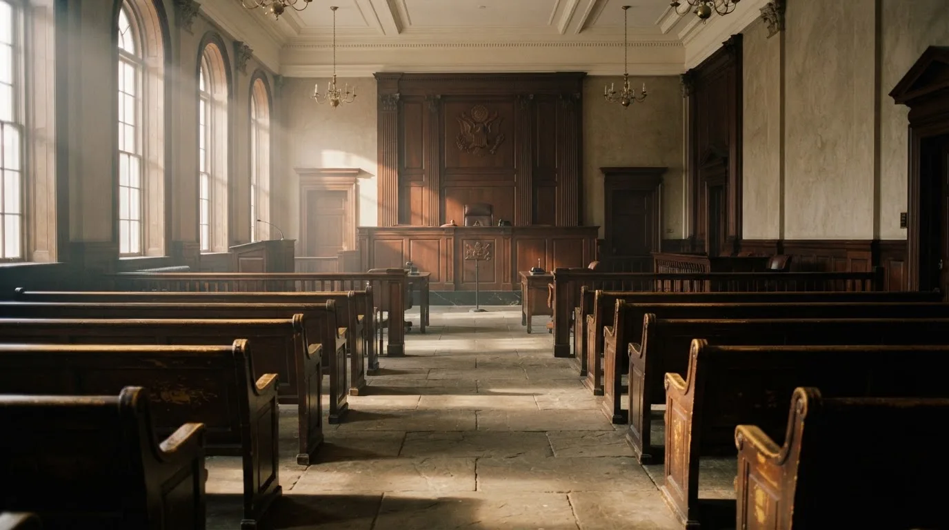 Een lege rechtszaal met houten banken in het ochtendlicht