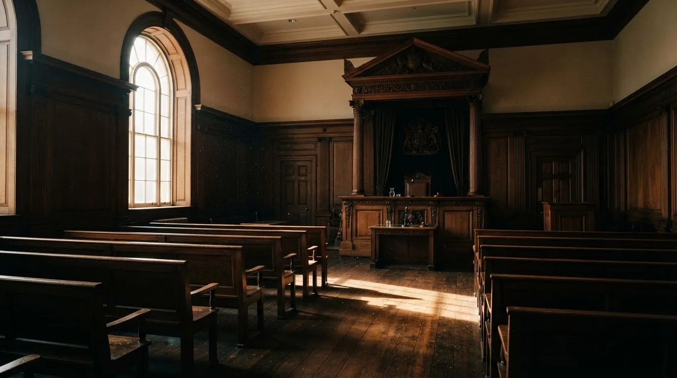 Een lege rechtszaal met houten banken in het ochtendlicht