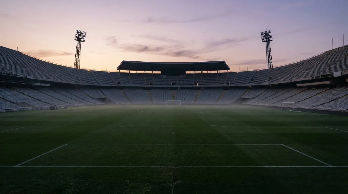 Een leeg voetbalstadion met lichtmasten bij schemering