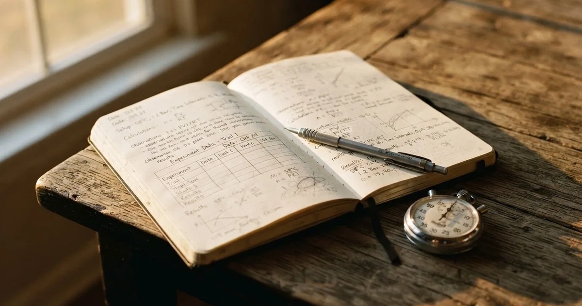 Een opengeslagen notitieboek met een potlood en een stopwatch op een houten tafel