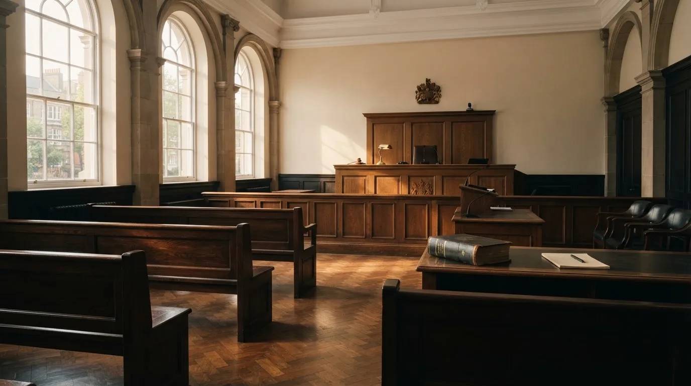 Een lege rechtszaal met houten banken in het ochtendlicht