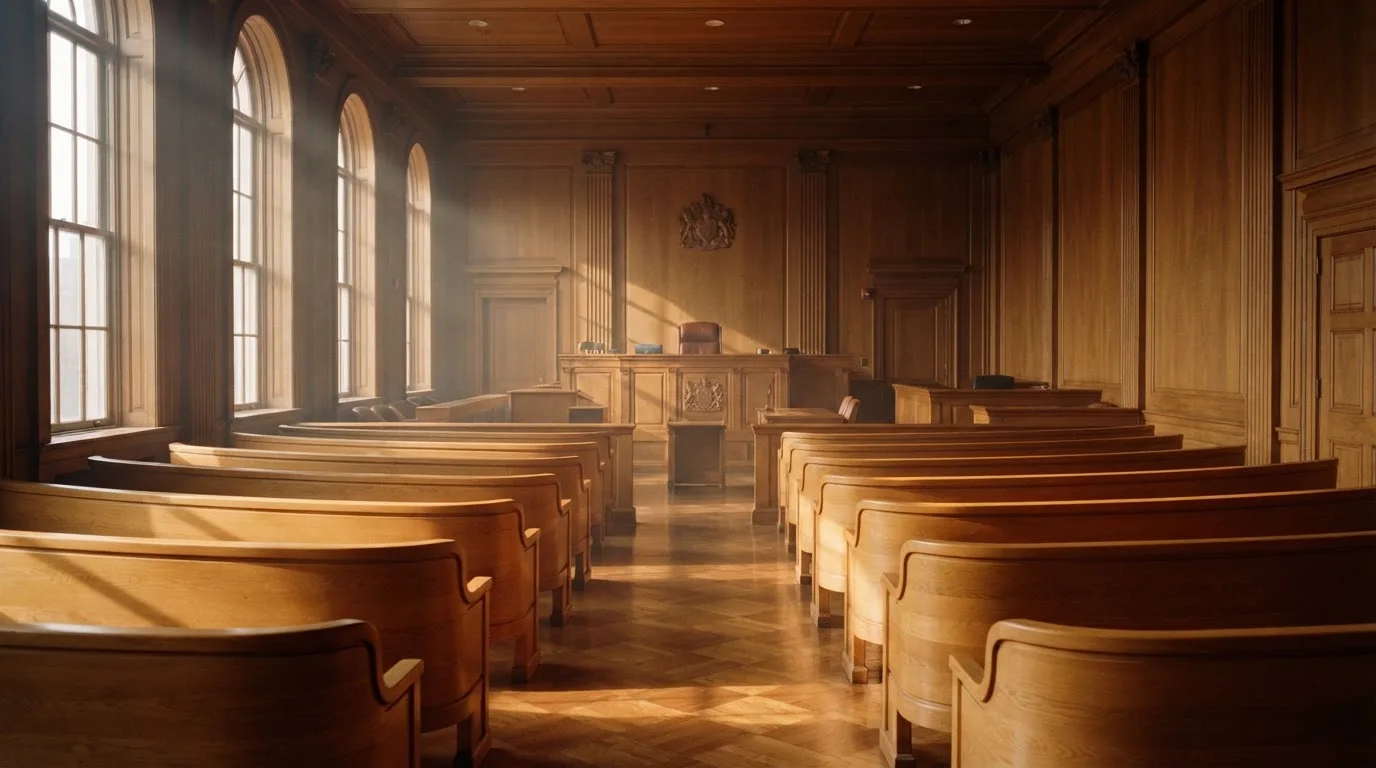 Een lege rechtszaal met houten banken in het ochtendlicht