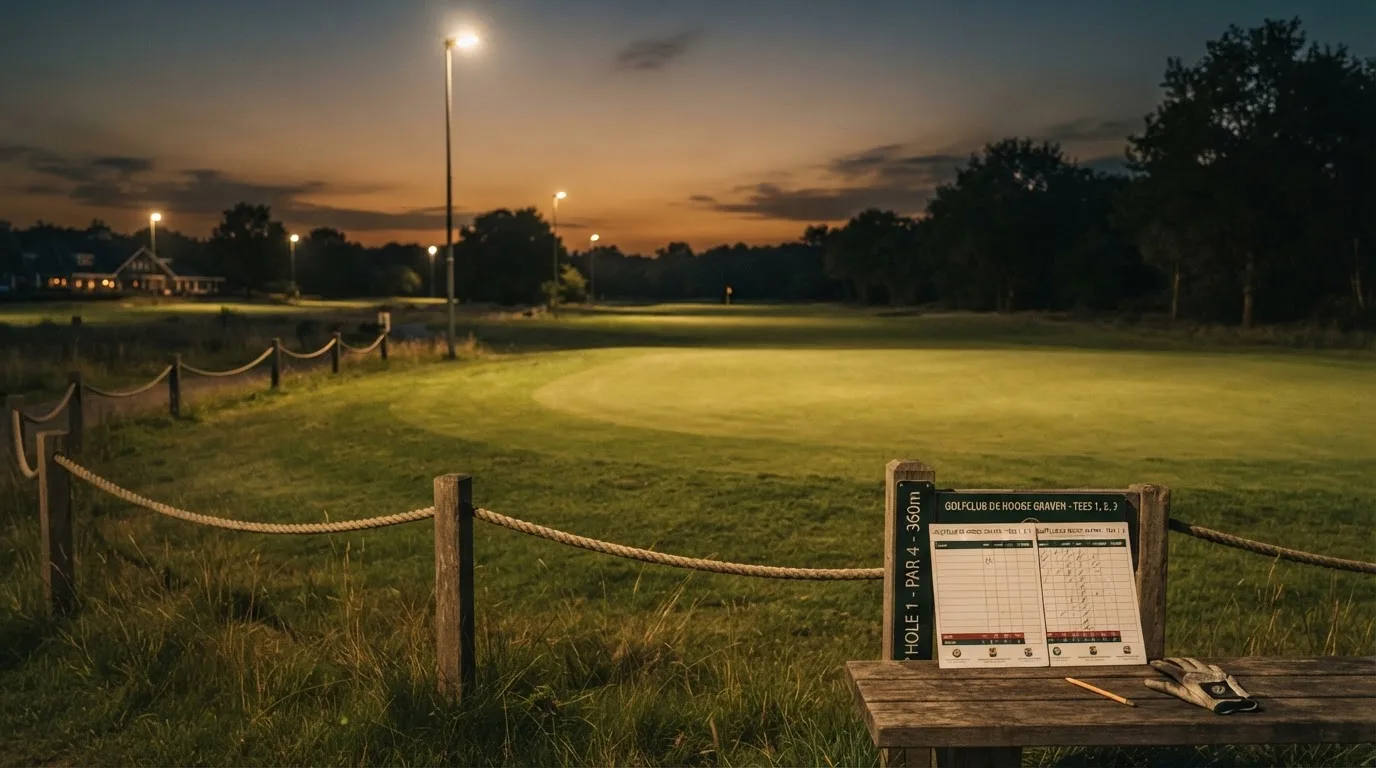 Een leeg voetbalstadion met lichtmasten bij schemering