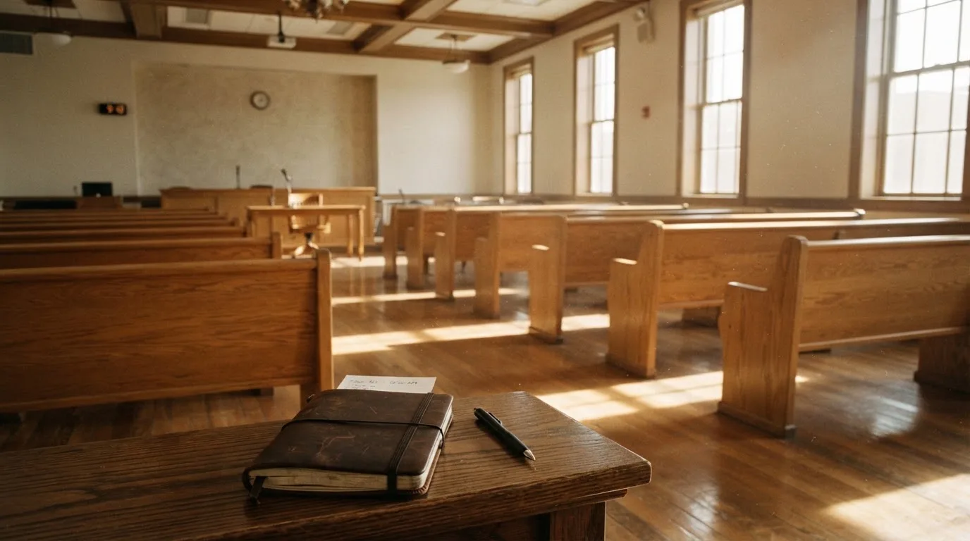 Een lege rechtszaal met houten banken in het ochtendlicht
