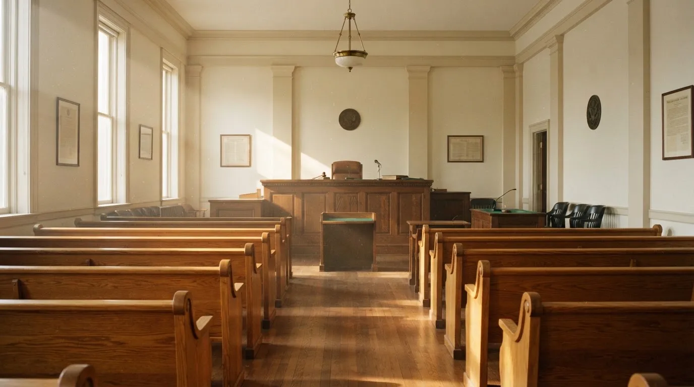 Een lege rechtszaal met houten banken in het ochtendlicht