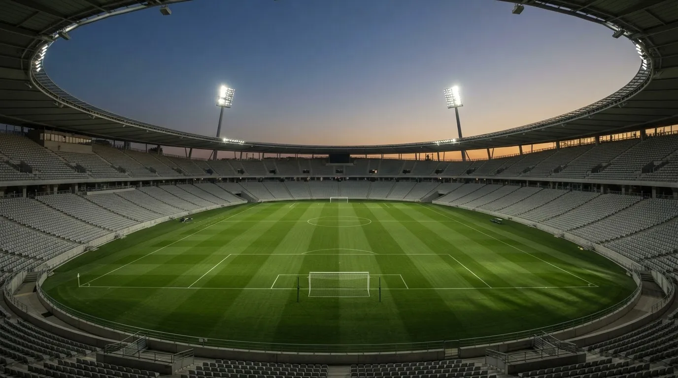 Een leeg voetbalstadion met lichtmasten bij schemering