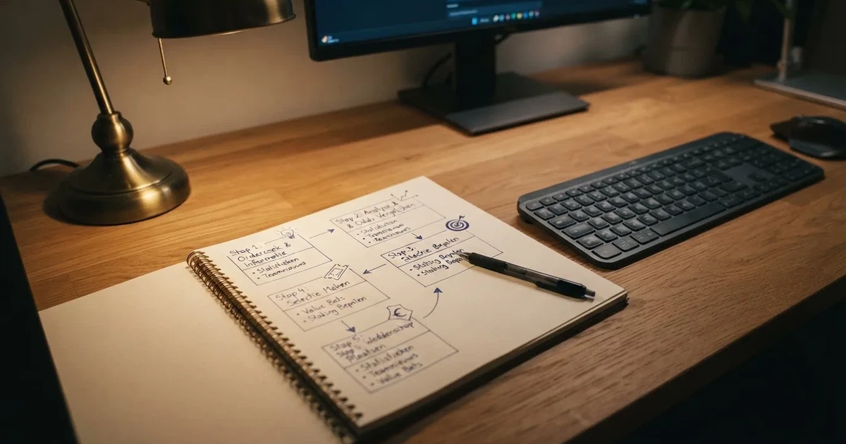 Een notitieblok met een met de hand getekend stappenplan naast een toetsenbord