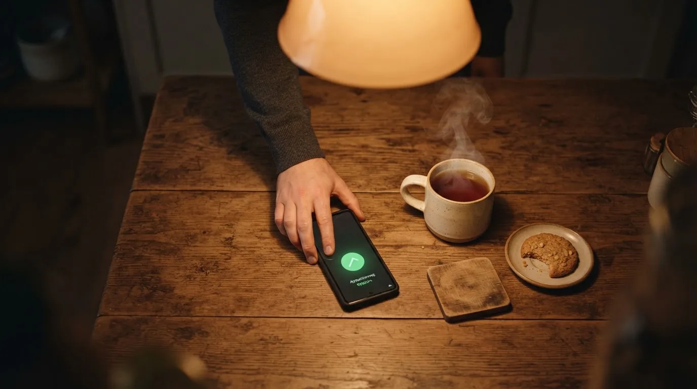 Een hand legt een smartphone naast een kopje thee op een keukentafel, een rustige avond