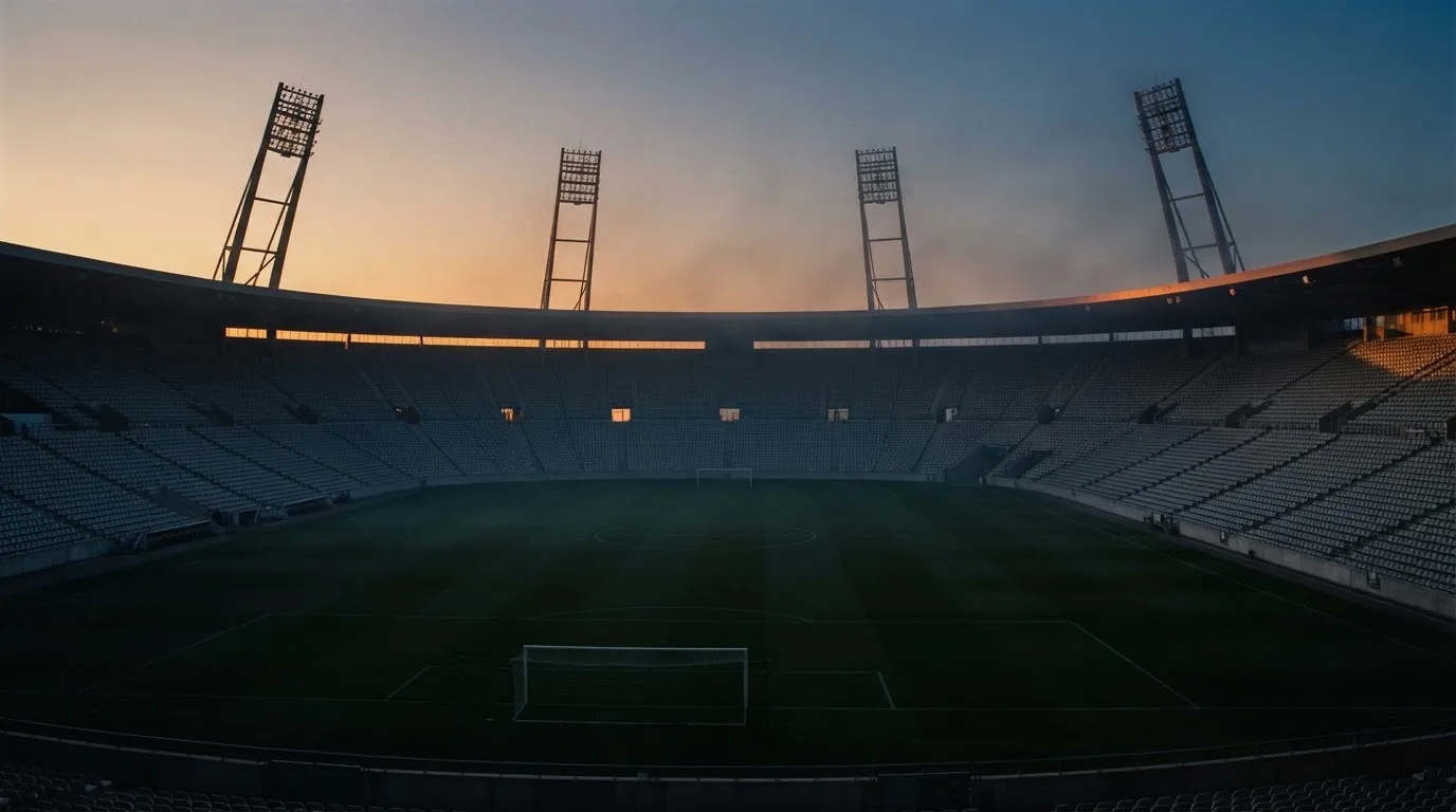 Een leeg voetbalstadion met lichtmasten bij schemering