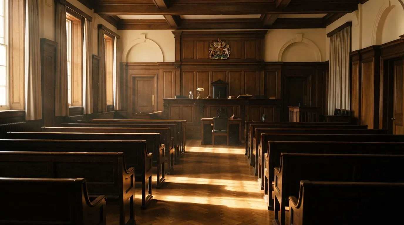 Een lege rechtszaal met houten banken in het ochtendlicht