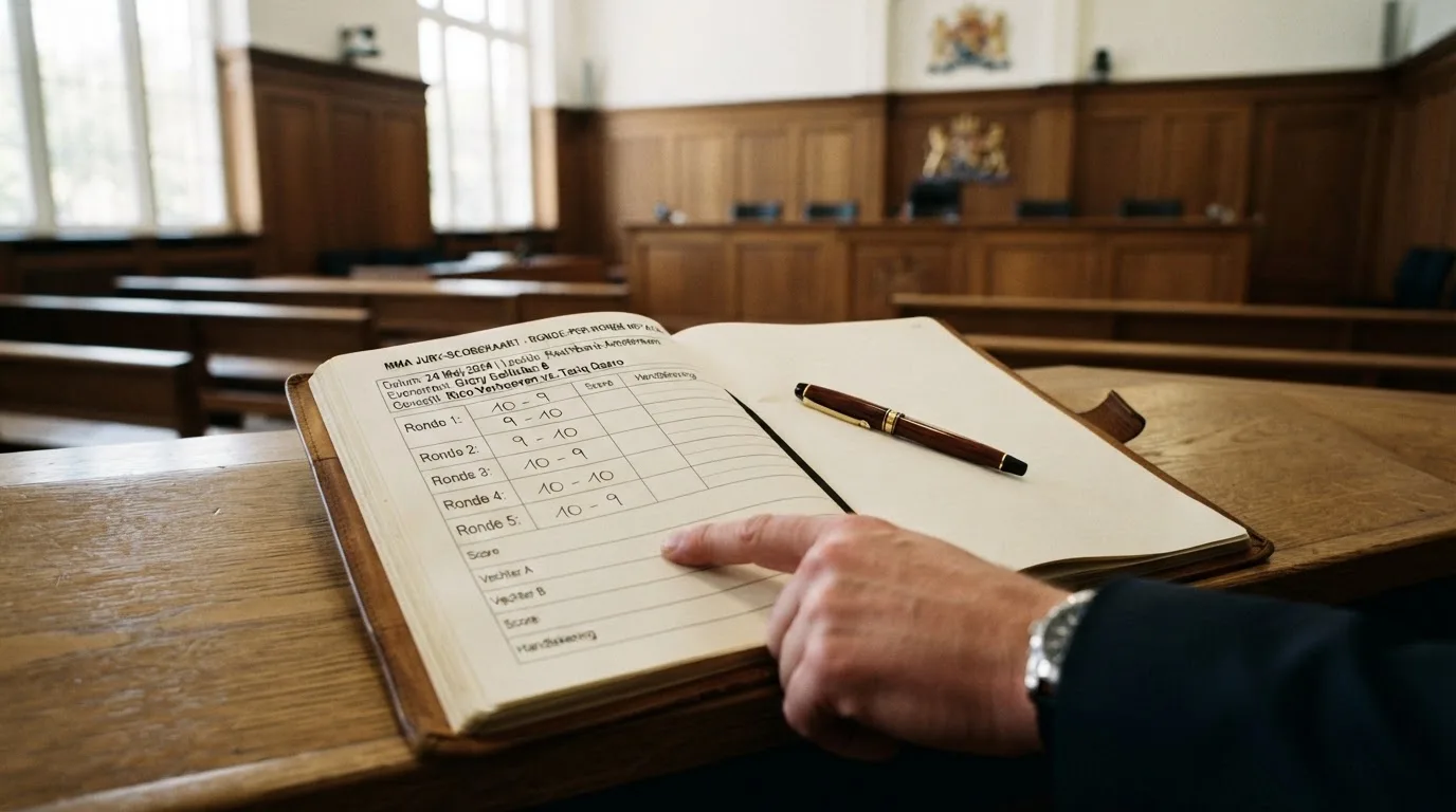 Een lege rechtszaal met houten banken in het ochtendlicht