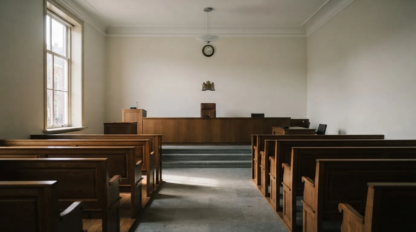 Een lege rechtszaal met houten banken in het ochtendlicht