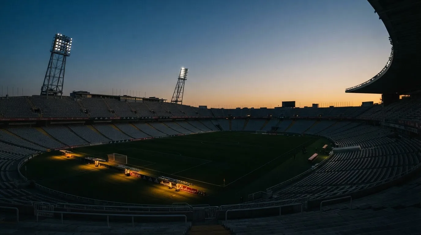 Een leeg voetbalstadion met lichtmasten bij schemering
