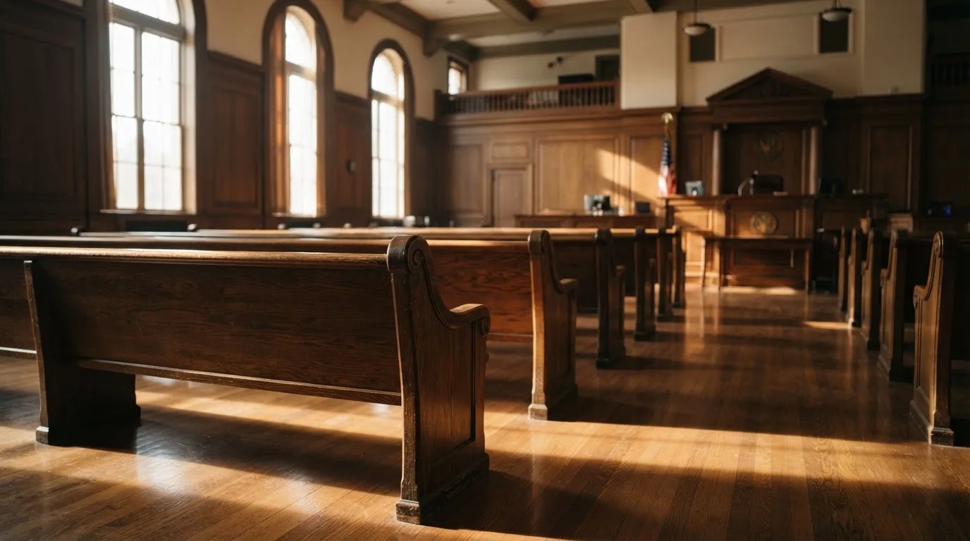 Een lege rechtszaal met houten banken in het ochtendlicht