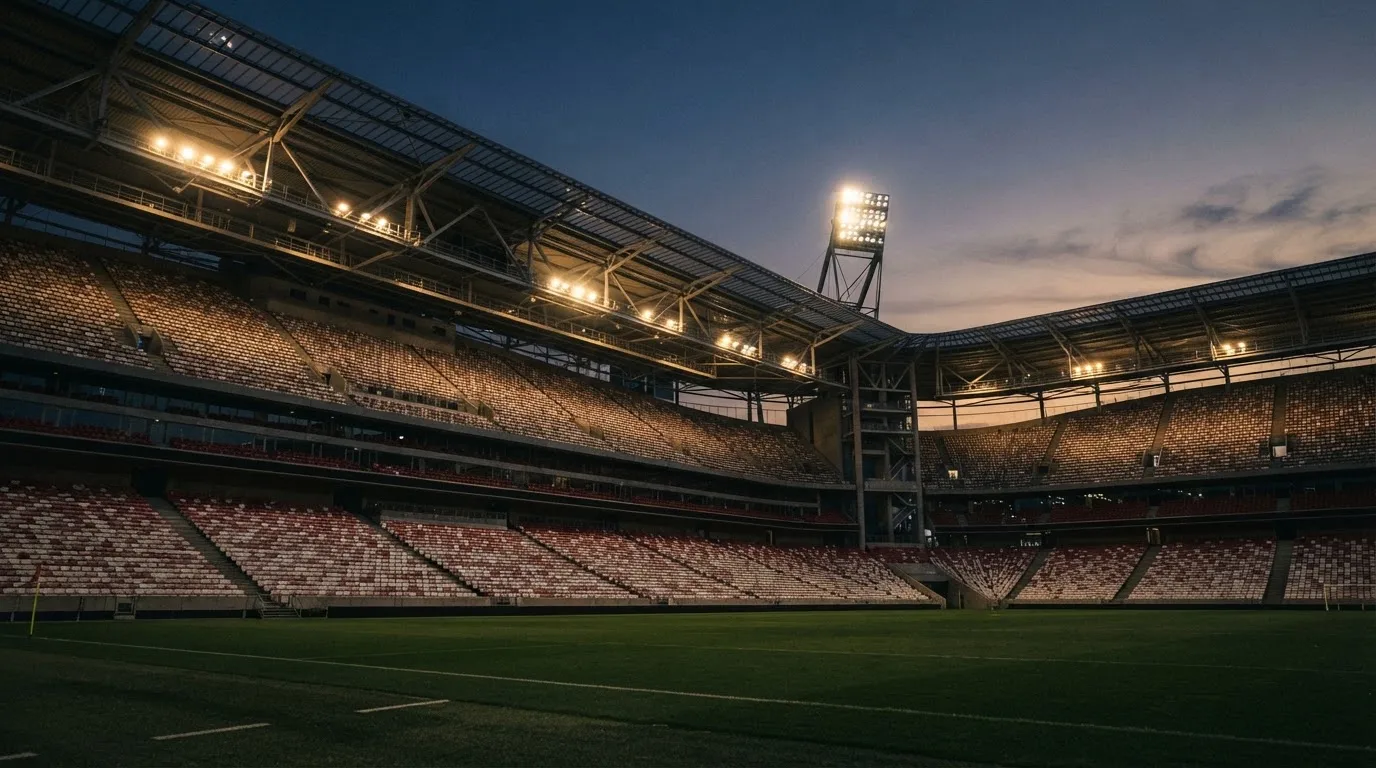 Een leeg voetbalstadion met lichtmasten bij schemering