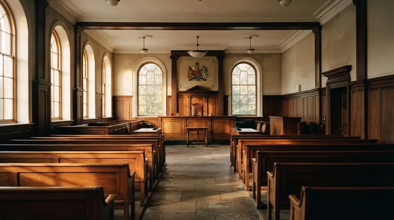 Een lege rechtszaal met houten banken in het ochtendlicht