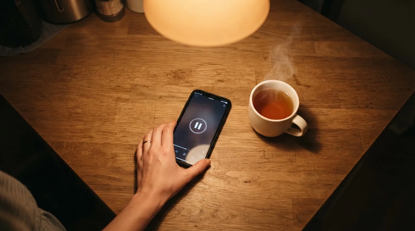 Een hand legt een smartphone naast een kopje thee op een keukentafel, een rustige avond