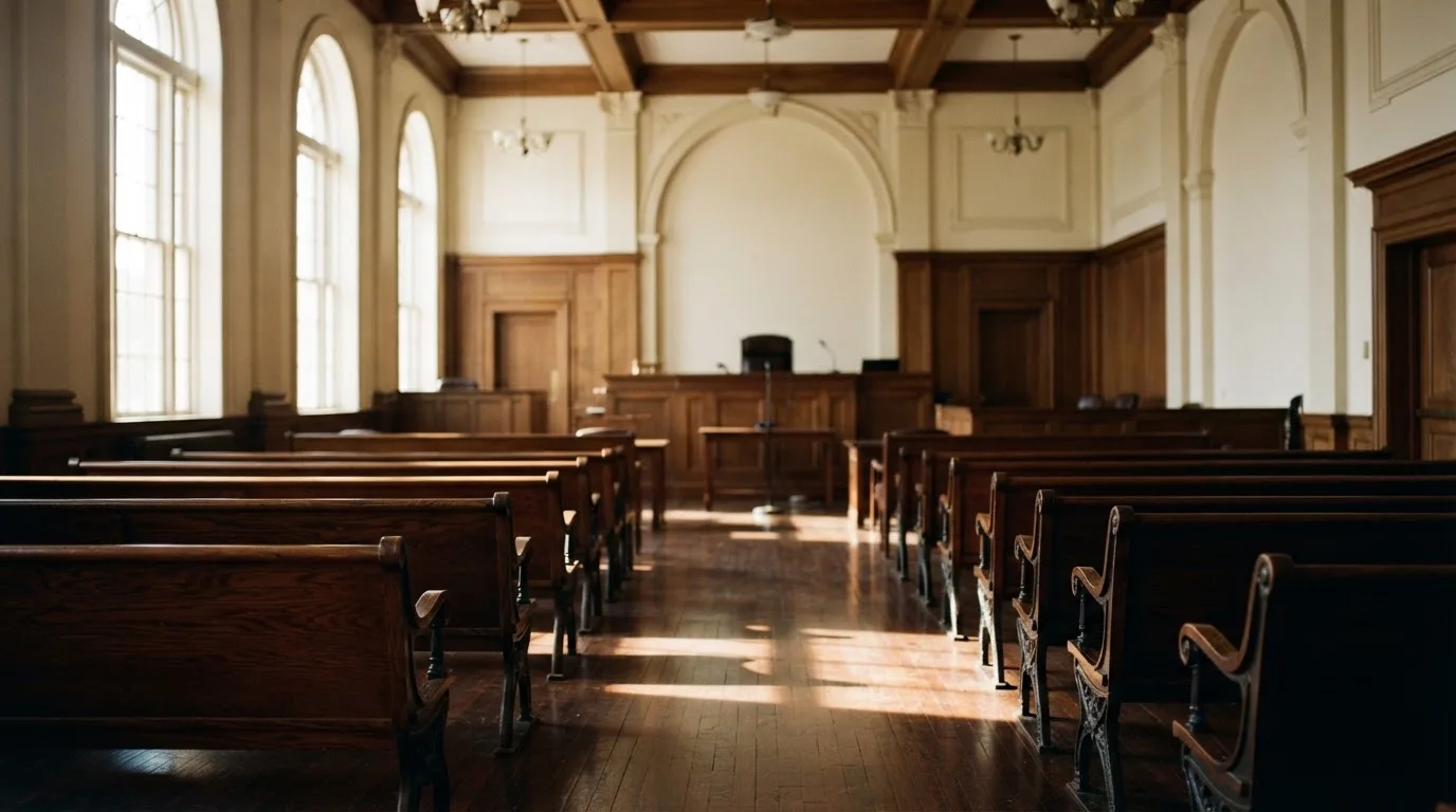 Een lege rechtszaal met houten banken in het ochtendlicht