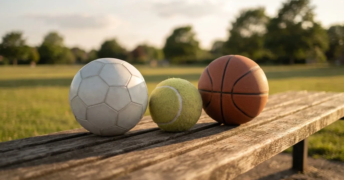 Drie ballen van verschillende soorten naast elkaar op een houten bank