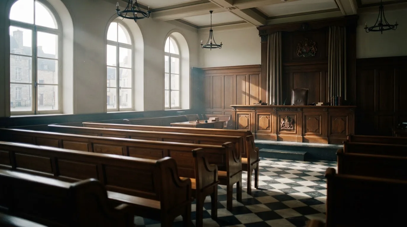 Een lege rechtszaal met houten banken in het ochtendlicht