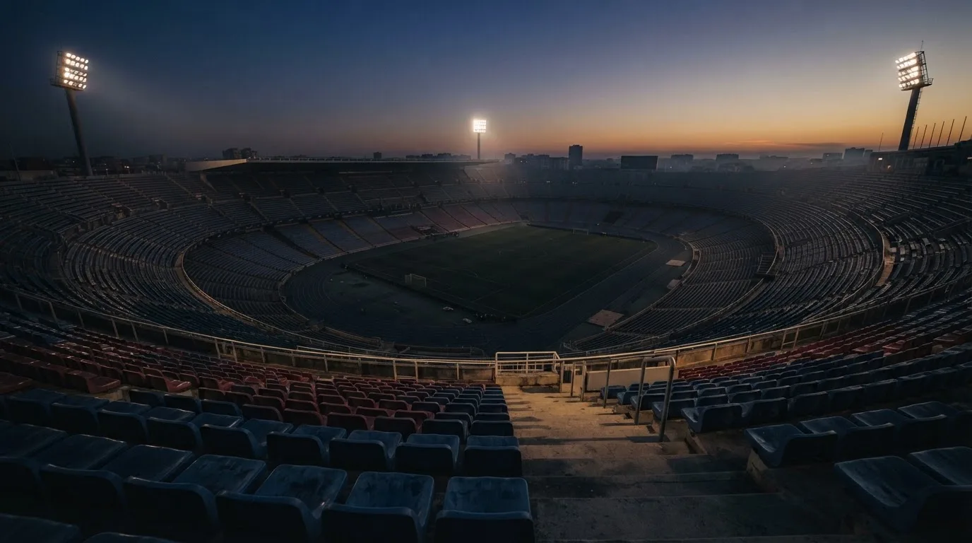 Een leeg voetbalstadion met lichtmasten bij schemering