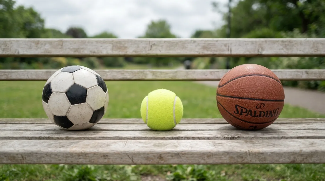 Drie ballen van verschillende soorten naast elkaar op een houten bank
