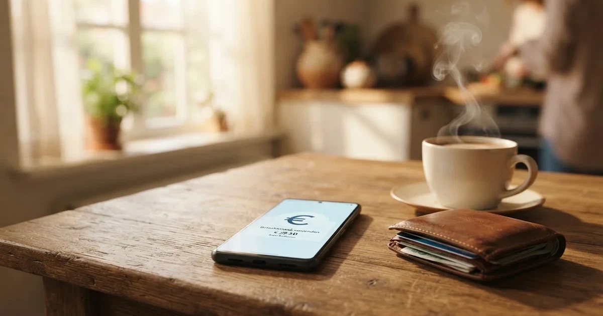 Een smartphone op een houten tafel naast een portemonnee en een kopje koffie