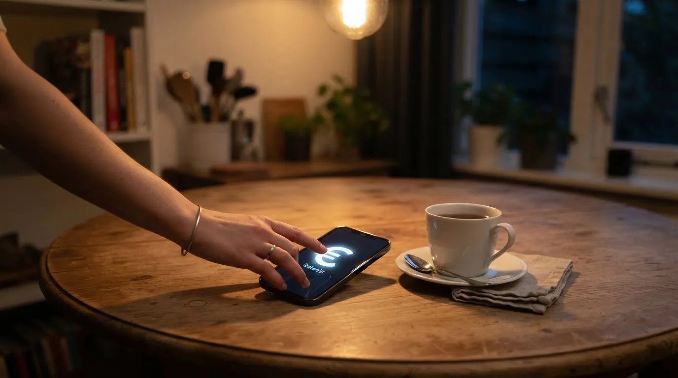 Een hand legt een smartphone naast een kopje thee op een keukentafel, een rustige avond