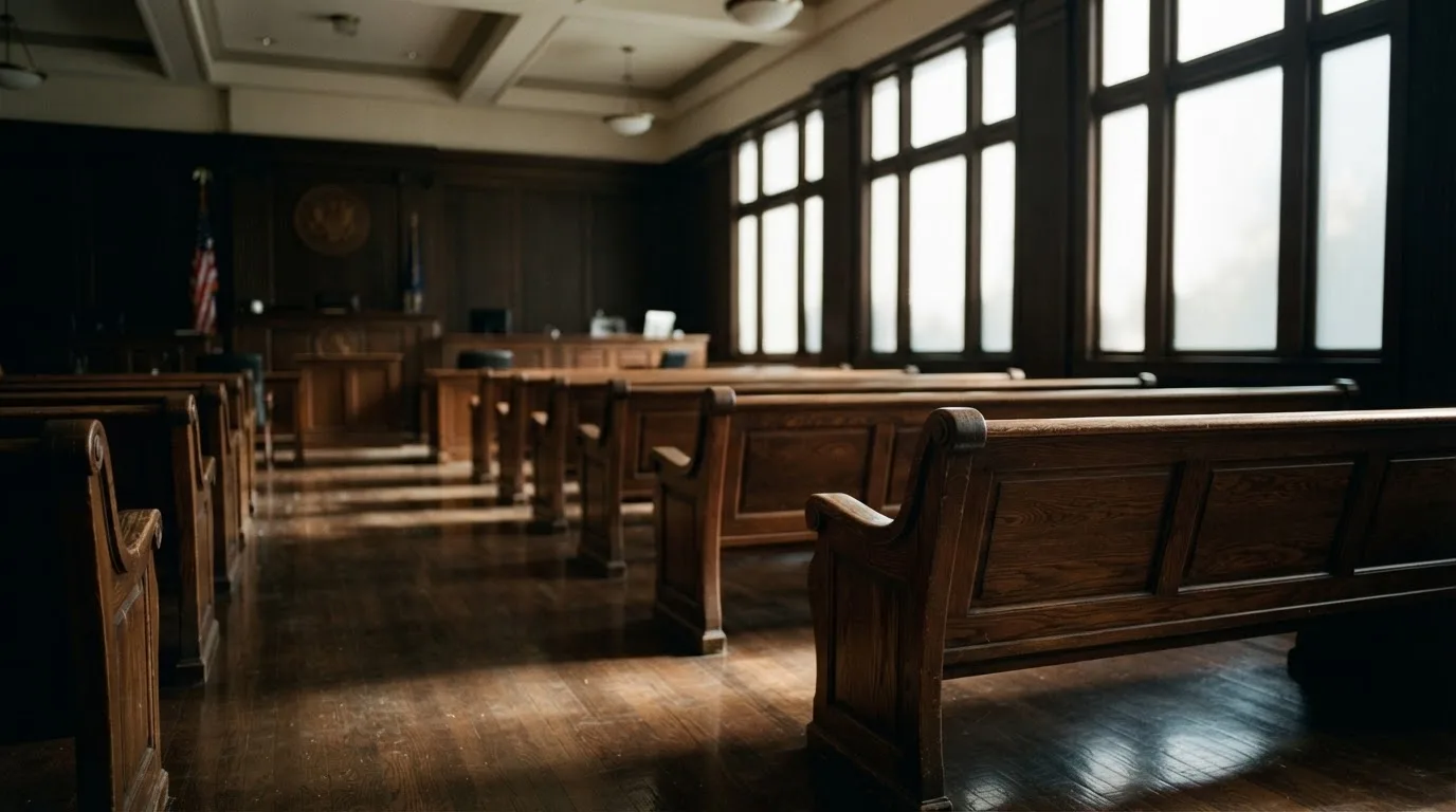 Een lege rechtszaal met houten banken in het ochtendlicht