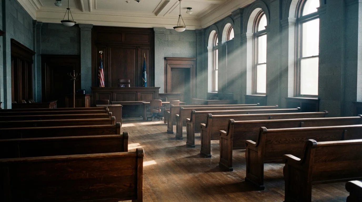 Een lege rechtszaal met houten banken in het ochtendlicht