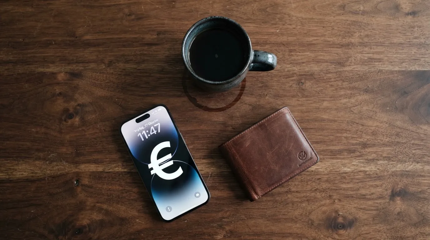 Een smartphone op een houten tafel naast een portemonnee en een kopje koffie