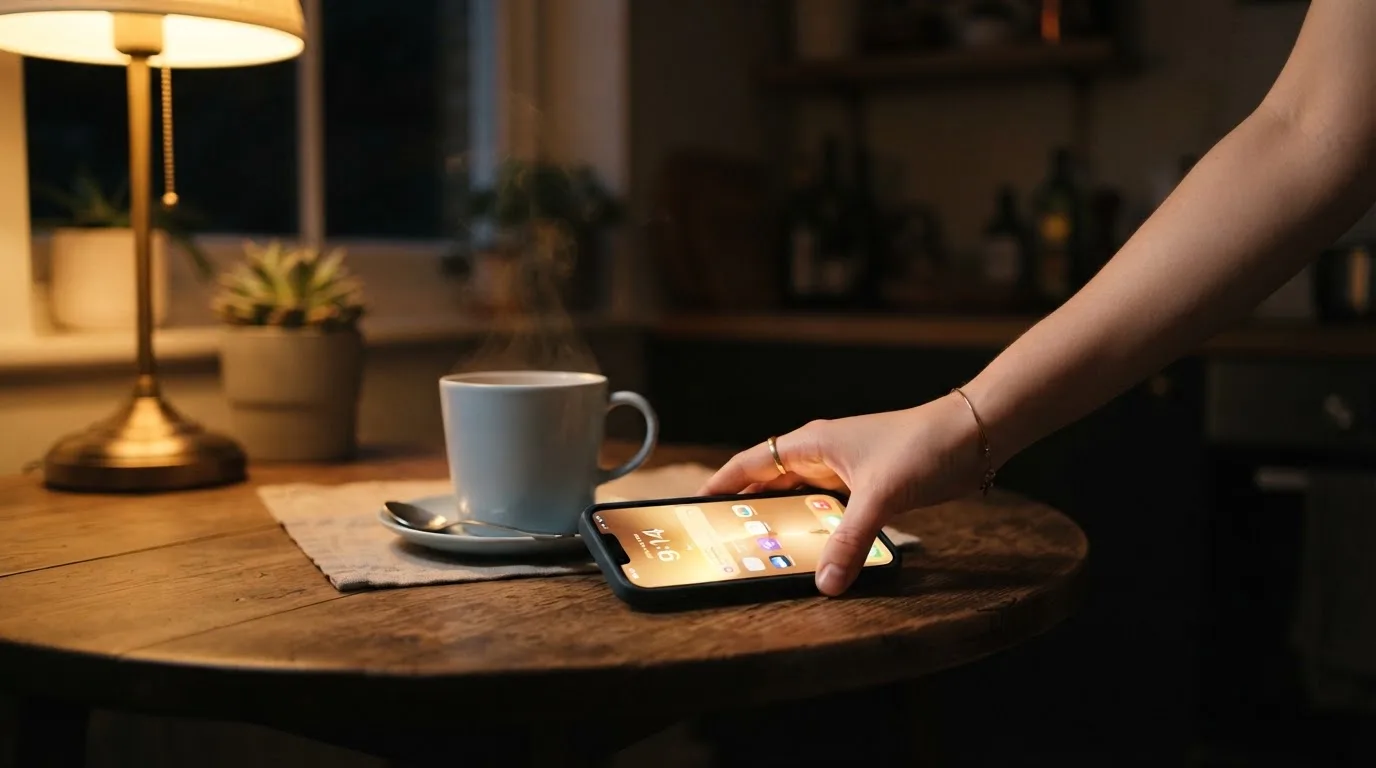 Een hand legt een smartphone naast een kopje thee op een keukentafel, een rustige avond