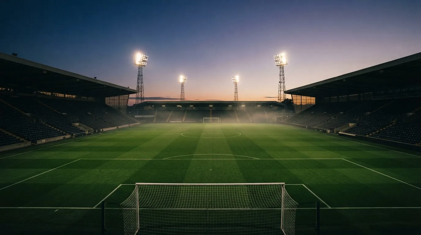Een leeg voetbalstadion met lichtmasten bij schemering