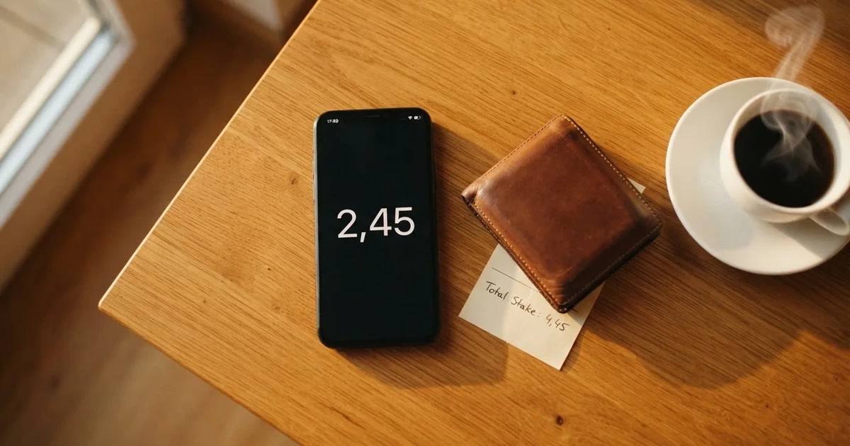 Een smartphone op een houten tafel naast een portemonnee en een kopje koffie