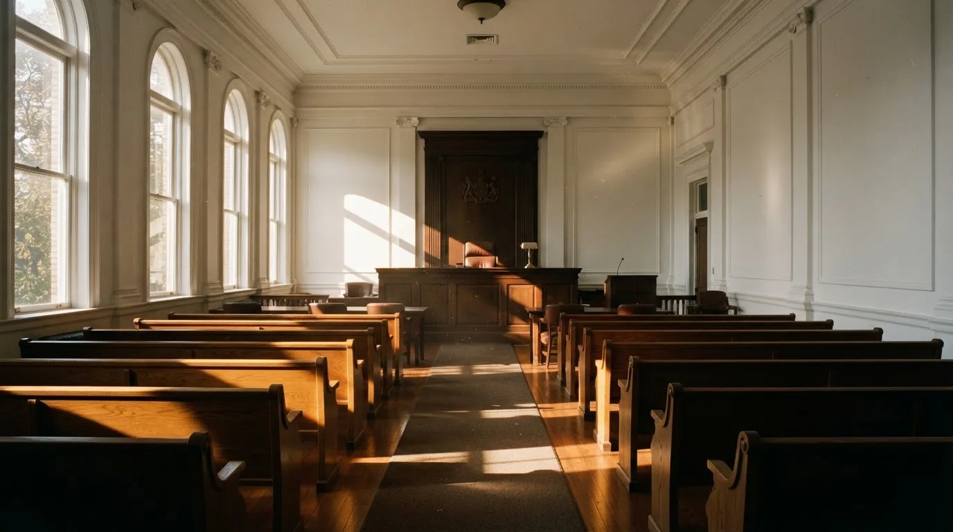 Een lege rechtszaal met houten banken in het ochtendlicht