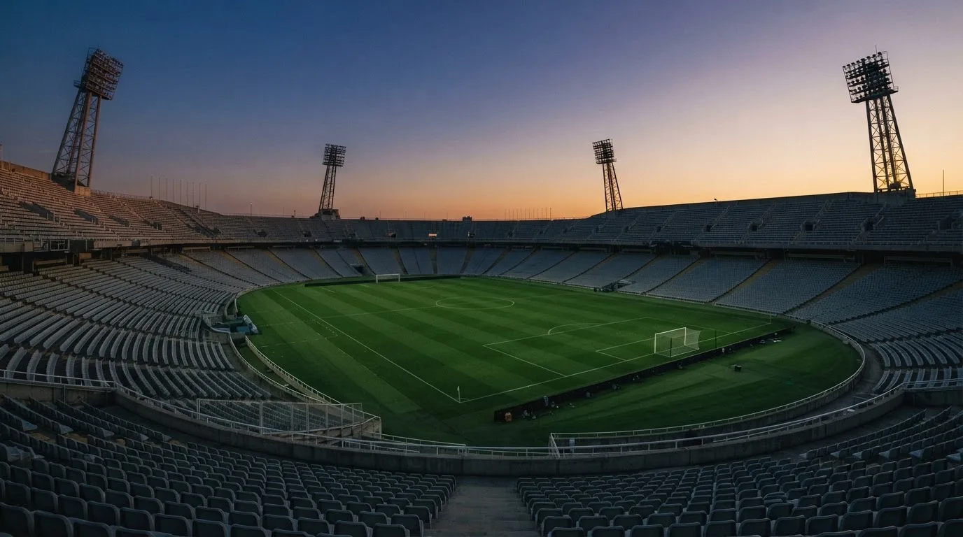 Een leeg voetbalstadion met lichtmasten bij schemering