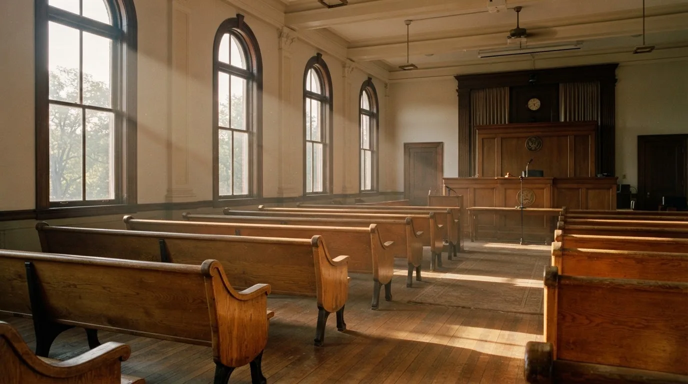 Een lege rechtszaal met houten banken in het ochtendlicht