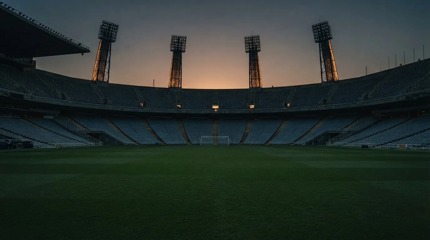 Een leeg voetbalstadion met lichtmasten bij schemering