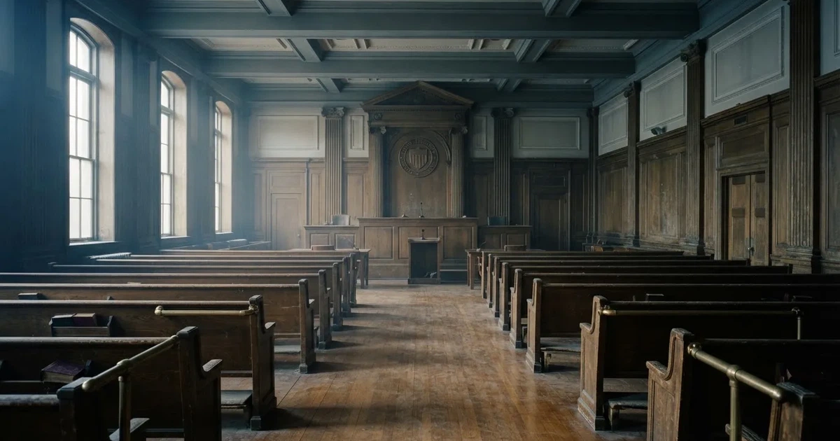Een lege rechtszaal met houten banken in het ochtendlicht