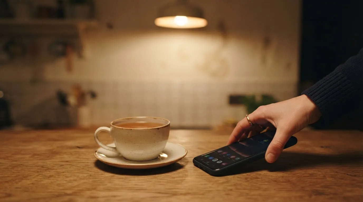 Een hand legt een smartphone naast een kopje thee op een keukentafel, een rustige avond