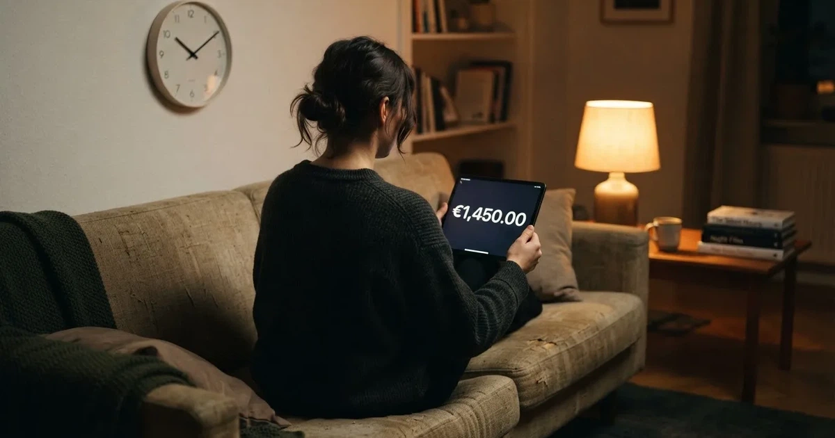 Een persoon op de bank kijkt peinzend naar een tablet, op de achtergrond een klok aan de muur