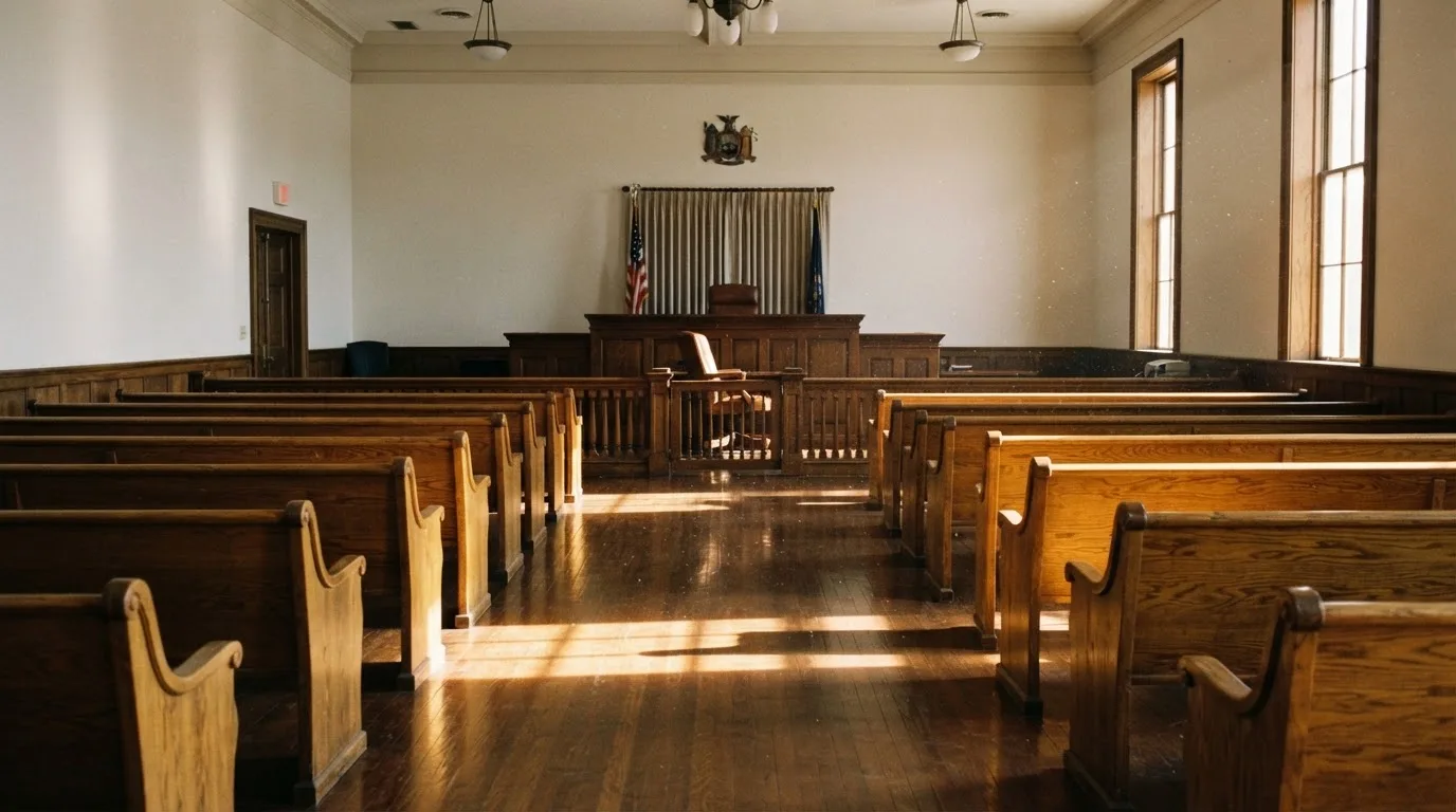 Een lege rechtszaal met houten banken in het ochtendlicht