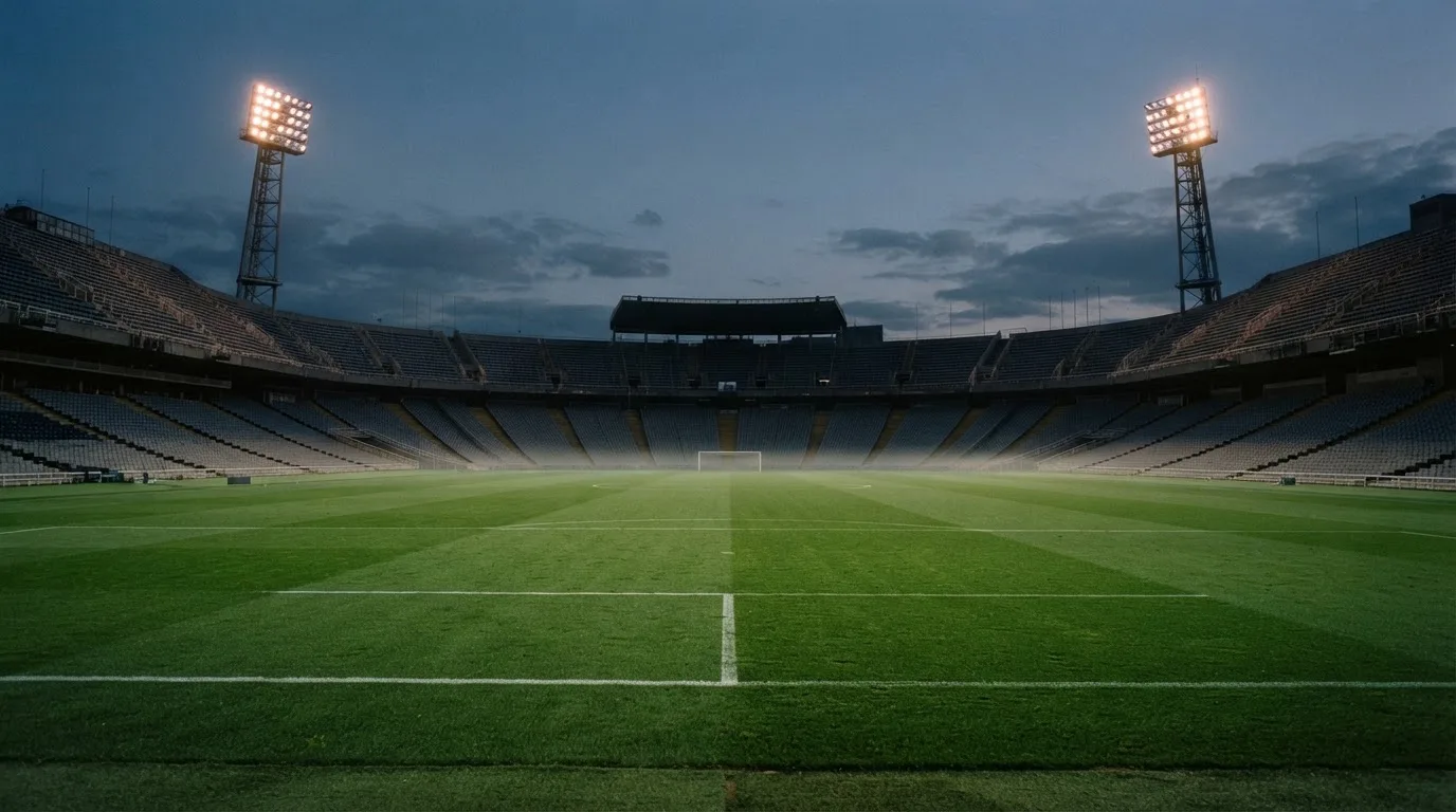 Een leeg voetbalstadion met lichtmasten bij schemering
