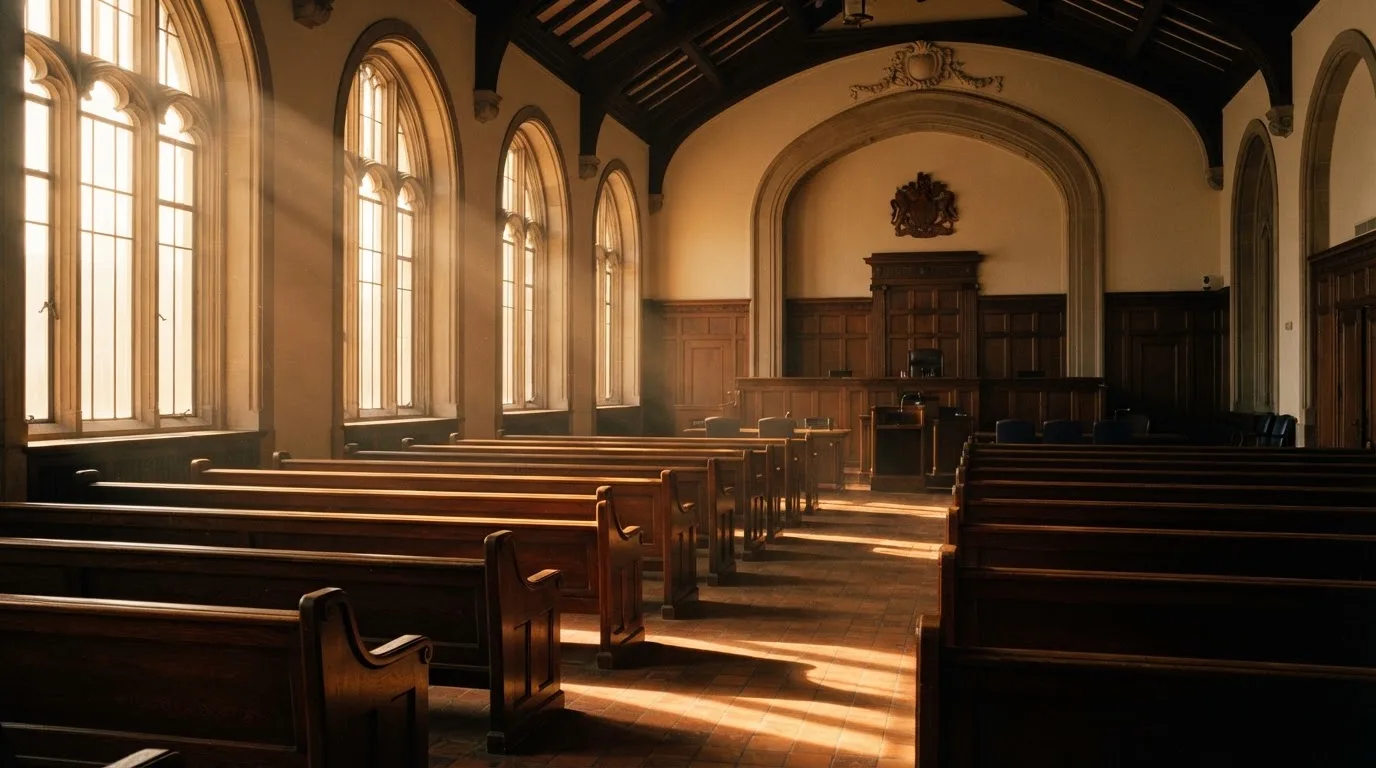 Een lege rechtszaal met houten banken in het ochtendlicht